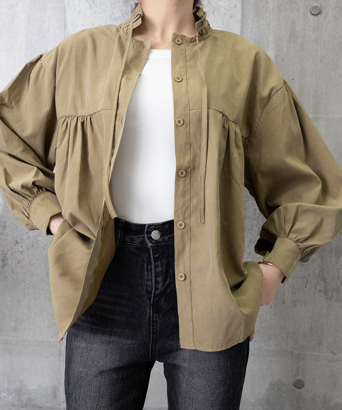 フリル衿ブラウス 長袖タックシャツ韓国風 大人可愛い ボリューム袖シャツ レディースおしゃれ キレイめトップス リボンブラウス ゆったり 体型カバー春秋服 着やせ 1SUYUZI-007